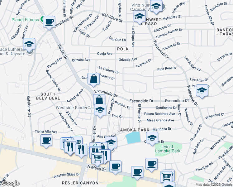 map of restaurants, bars, coffee shops, grocery stores, and more near 6932 Escondido Drive in El Paso