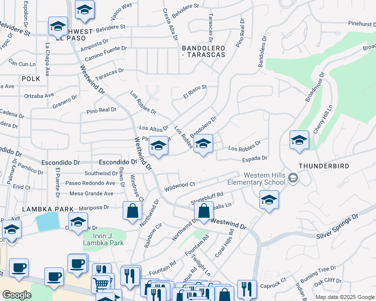 map of restaurants, bars, coffee shops, grocery stores, and more near 6280 Los Robles Drive in El Paso