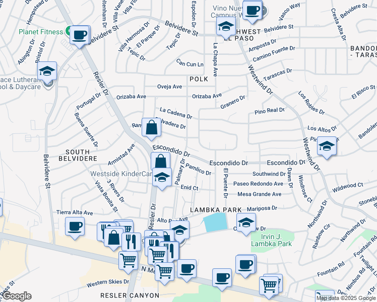 map of restaurants, bars, coffee shops, grocery stores, and more near 350 Villa Canto Street in El Paso