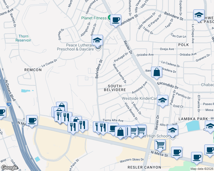map of restaurants, bars, coffee shops, grocery stores, and more near 7320 Cerro Negro Drive in El Paso