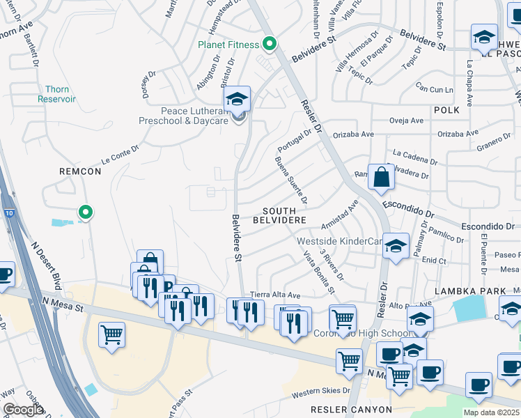 map of restaurants, bars, coffee shops, grocery stores, and more near 7320 Cerro Negro Drive in El Paso