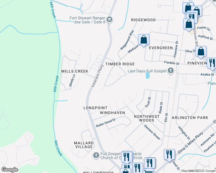 map of restaurants, bars, coffee shops, grocery stores, and more near 704 Timber Ridge Trail in Hinesville
