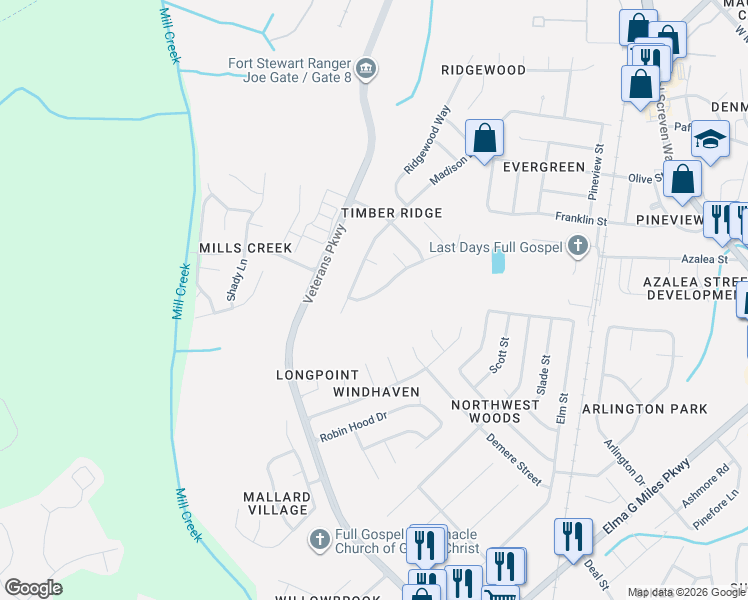 map of restaurants, bars, coffee shops, grocery stores, and more near 708 Timber Ridge Trail in Hinesville