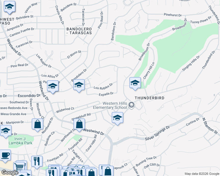 map of restaurants, bars, coffee shops, grocery stores, and more near 745C Espada Drive in El Paso