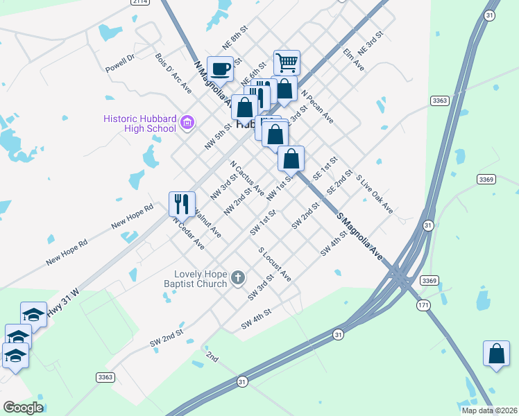 map of restaurants, bars, coffee shops, grocery stores, and more near 307 Southwest 1st Street in Hubbard
