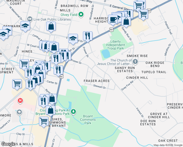 map of restaurants, bars, coffee shops, grocery stores, and more near 405 Patton Road in Hinesville