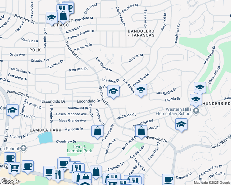 map of restaurants, bars, coffee shops, grocery stores, and more near 6445 Escondido Drive in El Paso