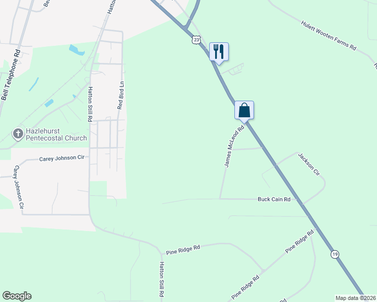 map of restaurants, bars, coffee shops, grocery stores, and more near McCloud Road in Hazlehurst