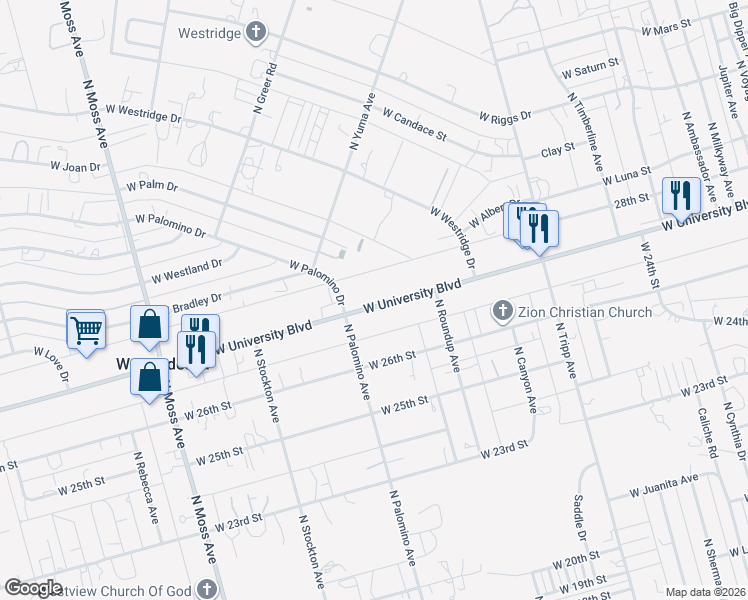 map of restaurants, bars, coffee shops, grocery stores, and more near 9400 W University Blvd in Odessa
