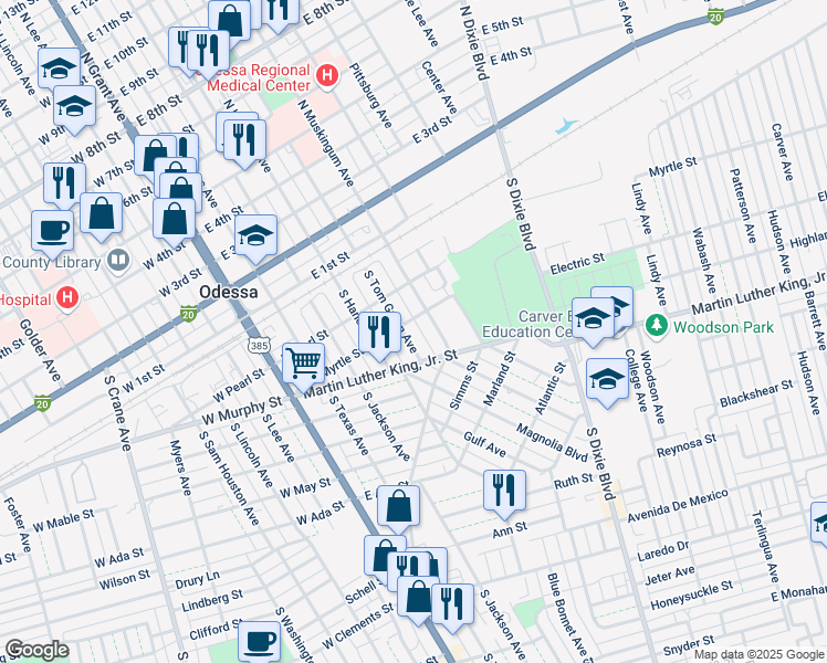 map of restaurants, bars, coffee shops, grocery stores, and more near 405 South Tom Green Avenue in Odessa
