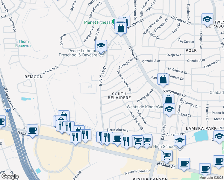 map of restaurants, bars, coffee shops, grocery stores, and more near 7240 Orizaba Avenue in El Paso