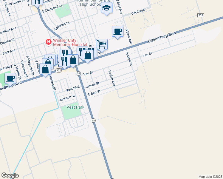 map of restaurants, bars, coffee shops, grocery stores, and more near 290 Bert Street in Kermit
