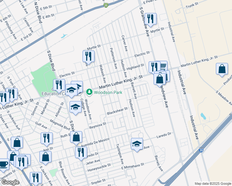 map of restaurants, bars, coffee shops, grocery stores, and more near 1212 East Murphy Street in Odessa