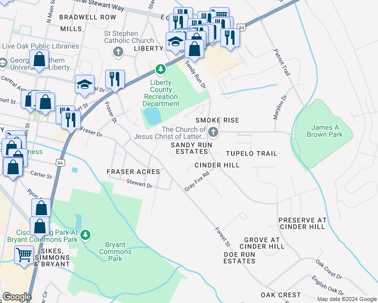 map of restaurants, bars, coffee shops, grocery stores, and more near 500 Creekview Drive in Hinesville