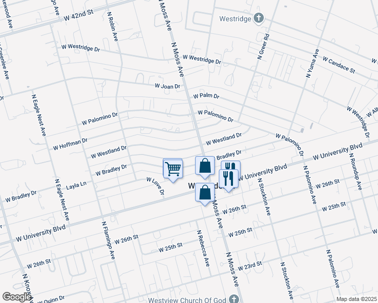 map of restaurants, bars, coffee shops, grocery stores, and more near 10540 West Westland Drive in Odessa