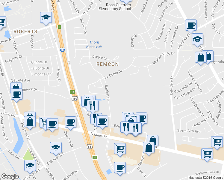 map of restaurants, bars, coffee shops, grocery stores, and more near 330 Bartlett Drive in El Paso