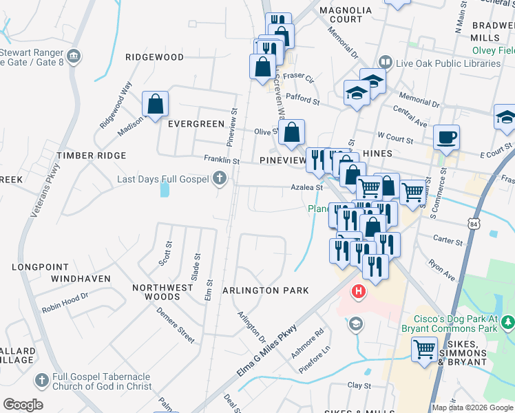 map of restaurants, bars, coffee shops, grocery stores, and more near 309 Palmer Lane in Hinesville