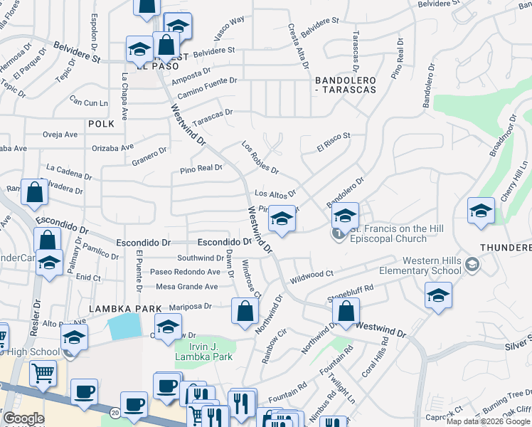 map of restaurants, bars, coffee shops, grocery stores, and more near 6405 Pino Real Drive in El Paso