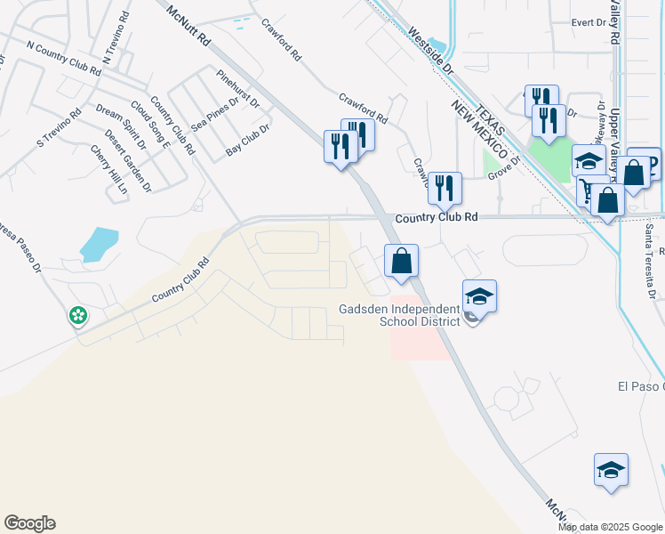 map of restaurants, bars, coffee shops, grocery stores, and more near 1305 Country Club Road in Santa Teresa