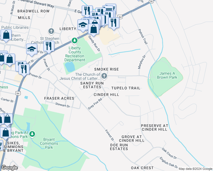 map of restaurants, bars, coffee shops, grocery stores, and more near 302 Quail Run Drive in Hinesville