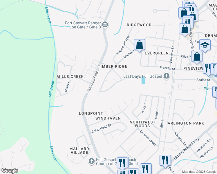 map of restaurants, bars, coffee shops, grocery stores, and more near 709 Timber Ridge Trail in Hinesville