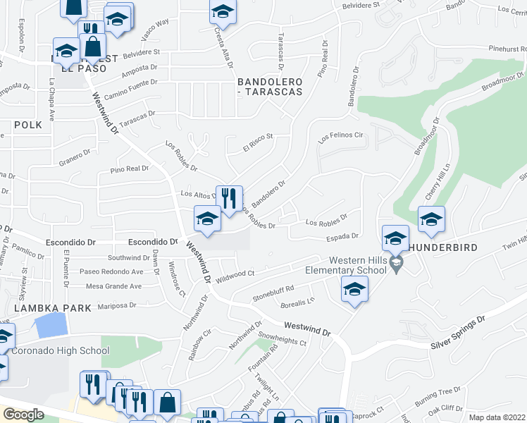 map of restaurants, bars, coffee shops, grocery stores, and more near 6281 Bandolero Drive in El Paso