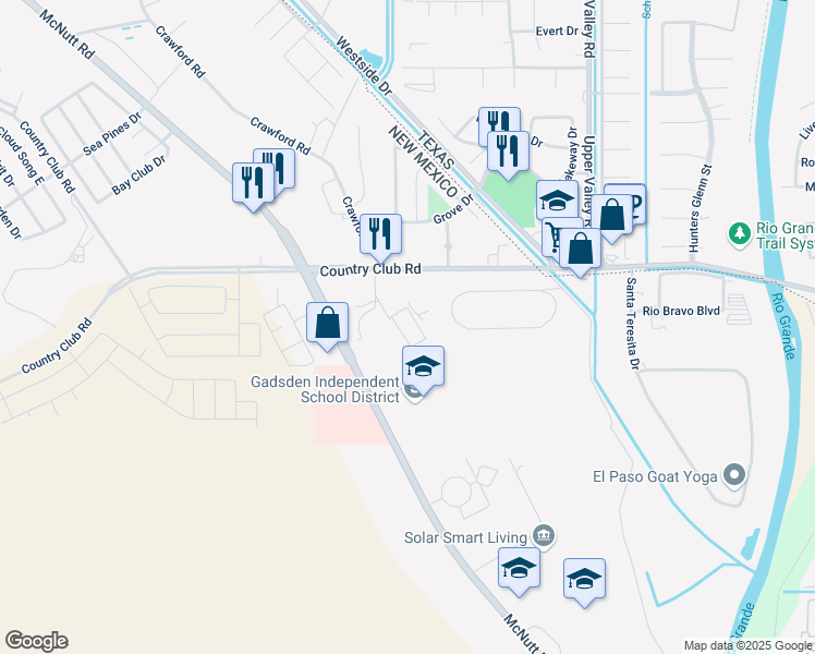 map of restaurants, bars, coffee shops, grocery stores, and more near 1210 Country Club Road in Santa Teresa