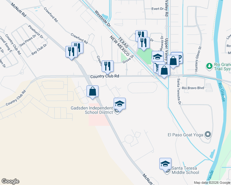 map of restaurants, bars, coffee shops, grocery stores, and more near 1210 Country Club Road in Santa Teresa