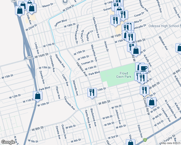 map of restaurants, bars, coffee shops, grocery stores, and more near 2414 Park Boulevard in Odessa