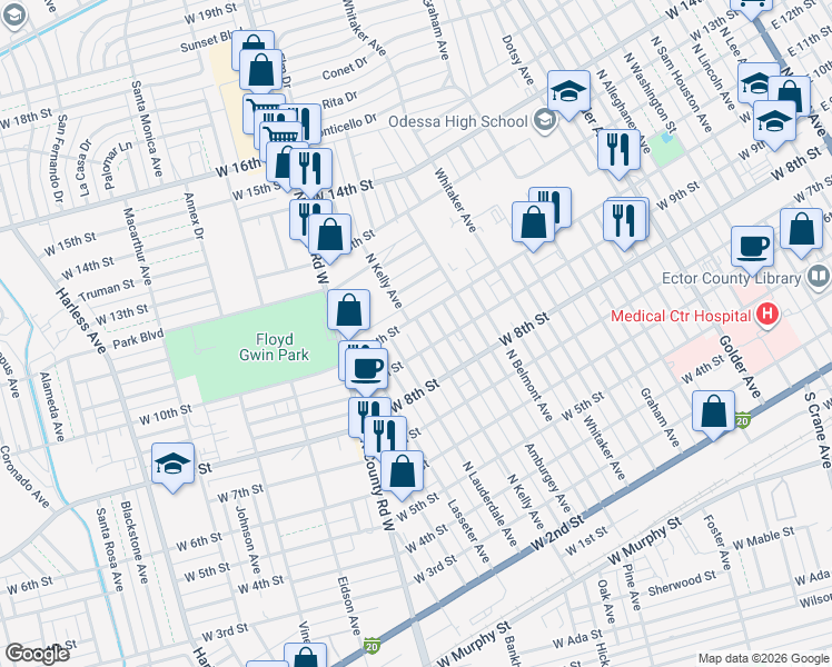 map of restaurants, bars, coffee shops, grocery stores, and more near 908 North Kelly Avenue in Odessa