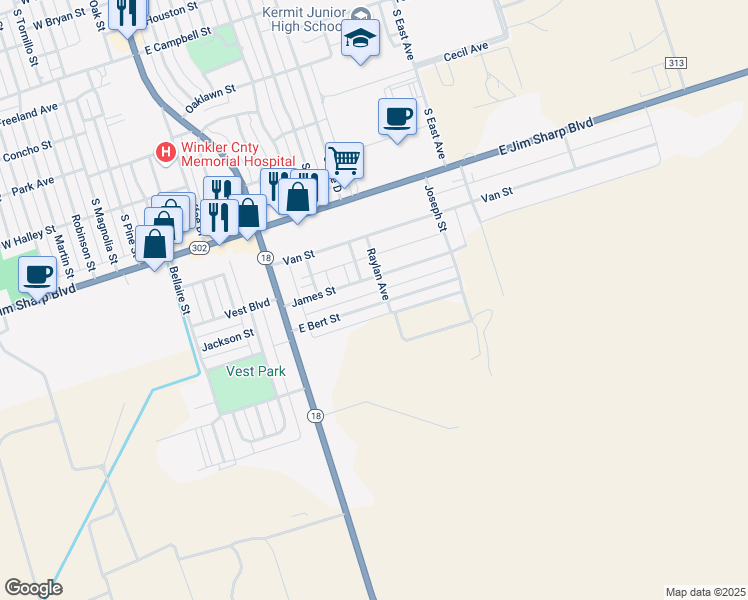 map of restaurants, bars, coffee shops, grocery stores, and more near 290 East Bert Street in Kermit