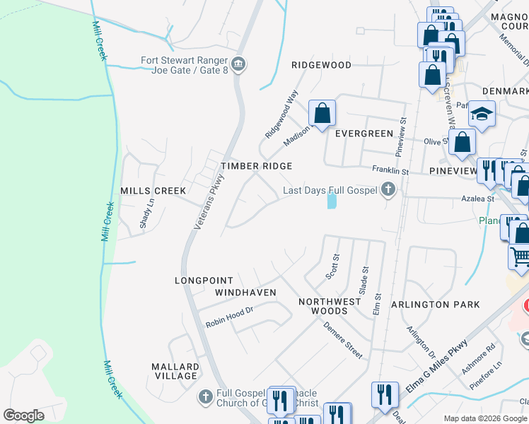 map of restaurants, bars, coffee shops, grocery stores, and more near 722 Timber Ridge Trail in Hinesville