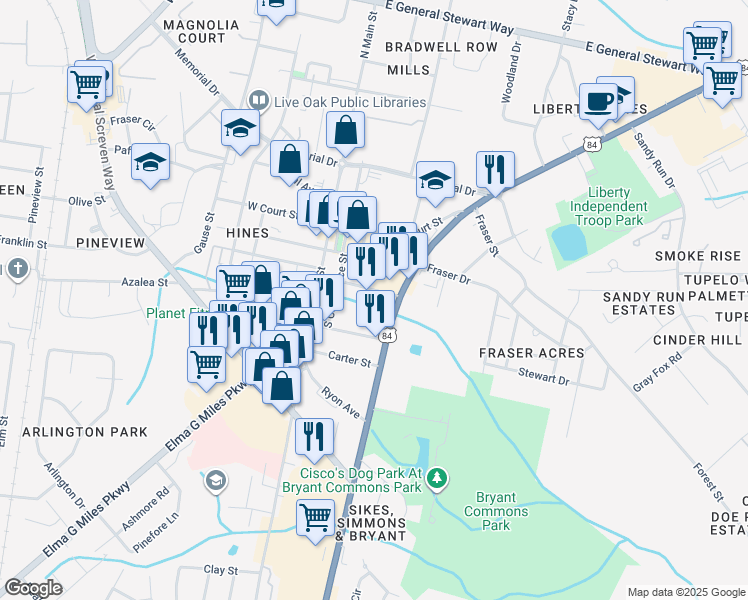 map of restaurants, bars, coffee shops, grocery stores, and more near 305 West Oglethorpe Highway in Hinesville