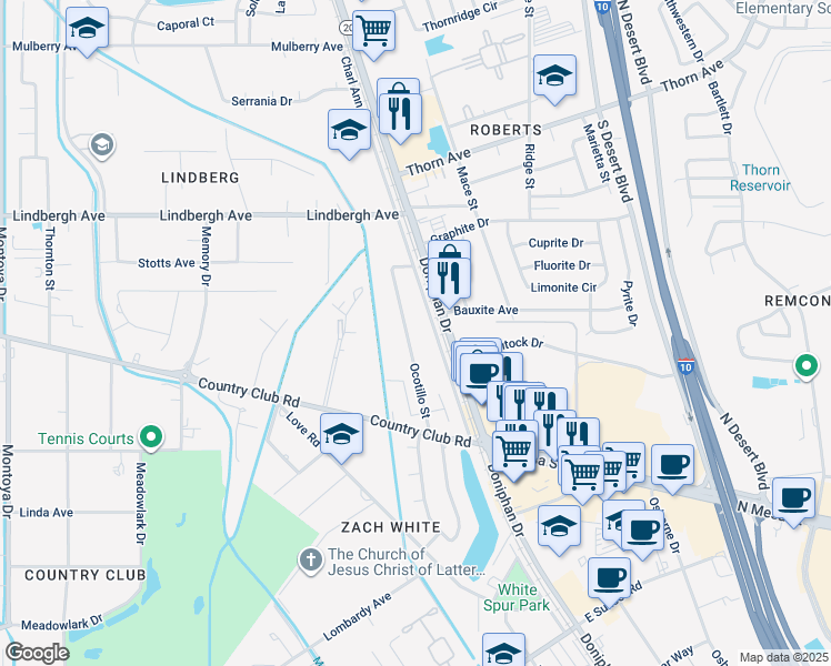 map of restaurants, bars, coffee shops, grocery stores, and more near 5050 Ocotillo Street in El Paso