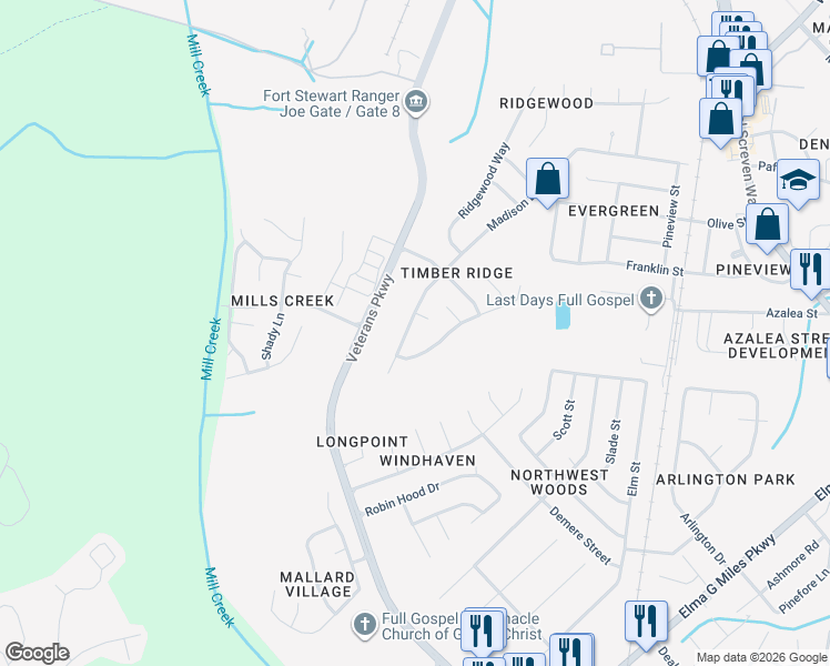 map of restaurants, bars, coffee shops, grocery stores, and more near 789 Madison Drive in Hinesville