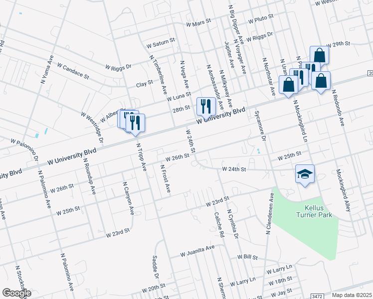 map of restaurants, bars, coffee shops, grocery stores, and more near 2601-2699 West 24th Street in Odessa