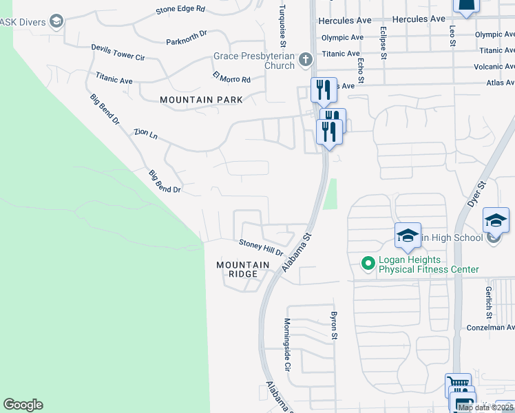 map of restaurants, bars, coffee shops, grocery stores, and more near 7481 Umbria Drive in El Paso