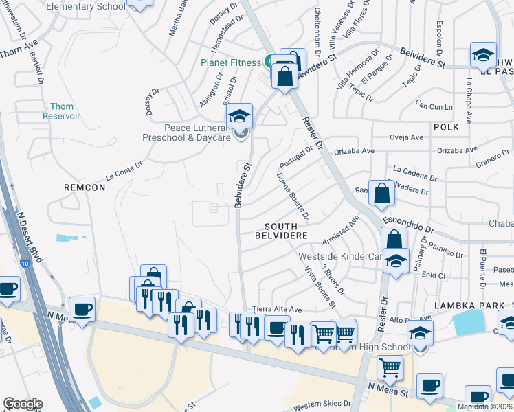 map of restaurants, bars, coffee shops, grocery stores, and more near 7240 Orizaba Avenue in El Paso