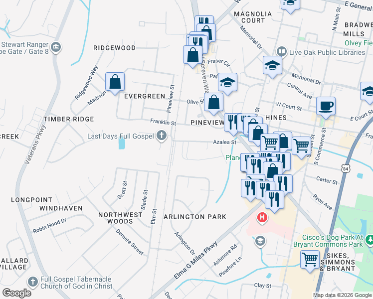 map of restaurants, bars, coffee shops, grocery stores, and more near 309 Palmer Lane in Hinesville