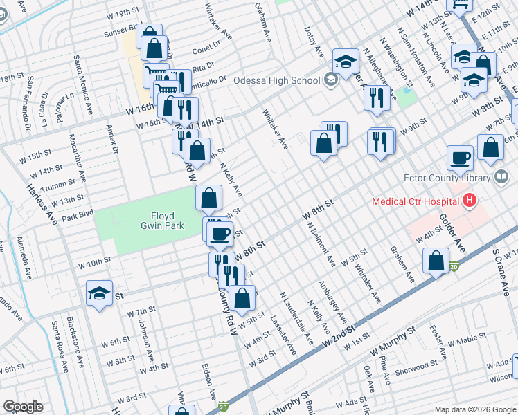 map of restaurants, bars, coffee shops, grocery stores, and more near 908 North Kelly Avenue in Odessa
