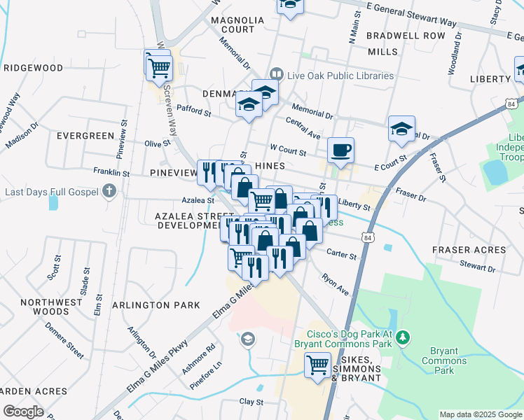 map of restaurants, bars, coffee shops, grocery stores, and more near 318 Welborn Street in Hinesville