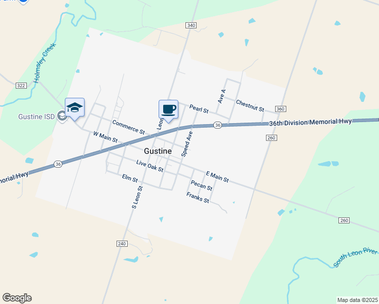 map of restaurants, bars, coffee shops, grocery stores, and more near 109 N Speed St in Gustine