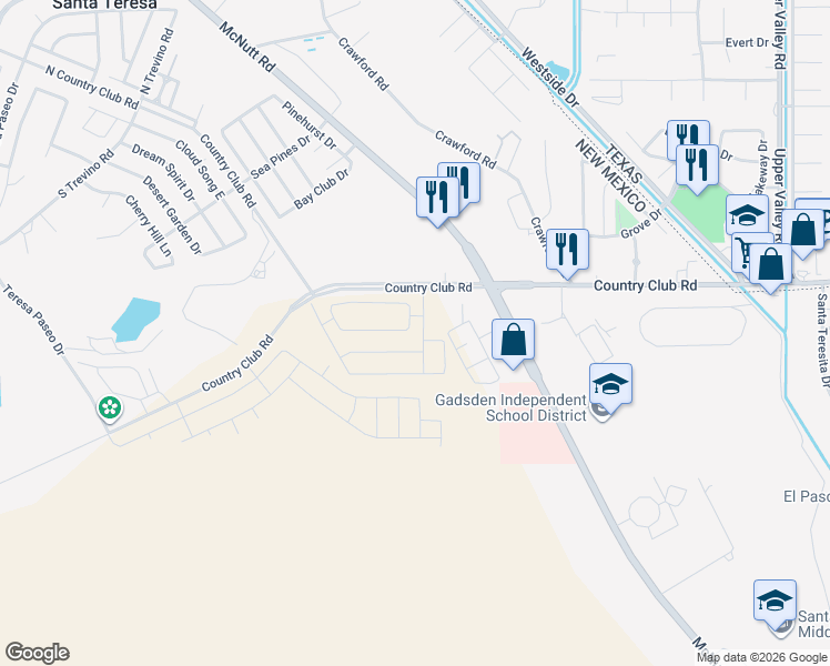 map of restaurants, bars, coffee shops, grocery stores, and more near 1300 Country Club Road in Santa Teresa