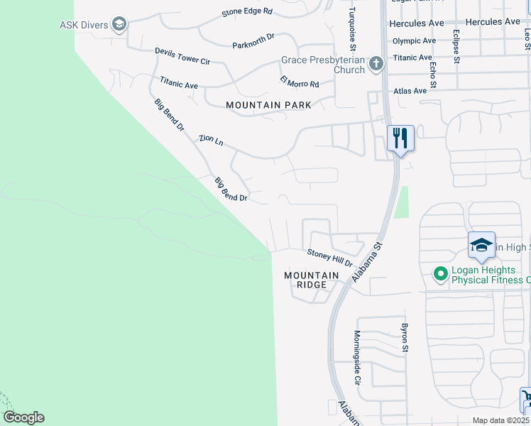 map of restaurants, bars, coffee shops, grocery stores, and more near 7600 Big Bend Drive in El Paso