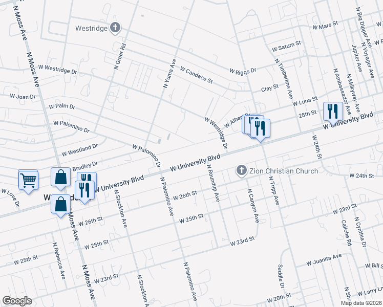 map of restaurants, bars, coffee shops, grocery stores, and more near 9400 West University Boulevard in Odessa