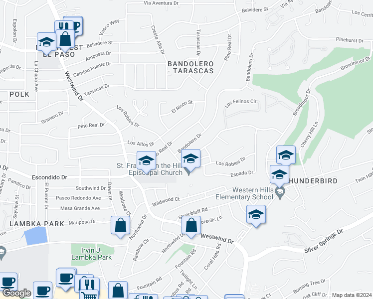 map of restaurants, bars, coffee shops, grocery stores, and more near 6268 Bandolero Drive in El Paso