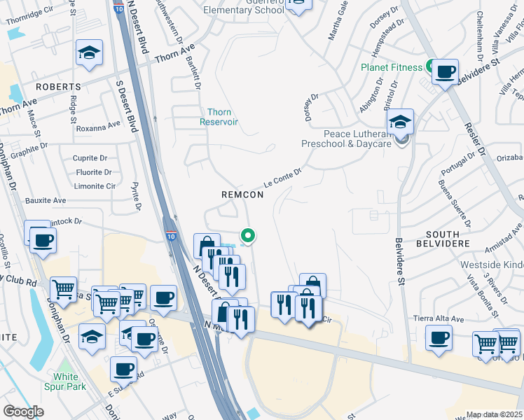 map of restaurants, bars, coffee shops, grocery stores, and more near 330 Bartlett Drive in El Paso