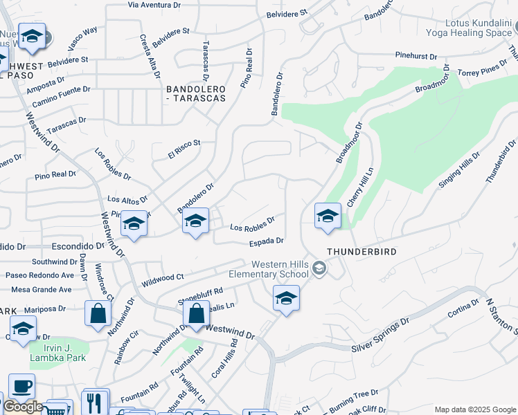 map of restaurants, bars, coffee shops, grocery stores, and more near 6133 Sierra Valle Lane in El Paso
