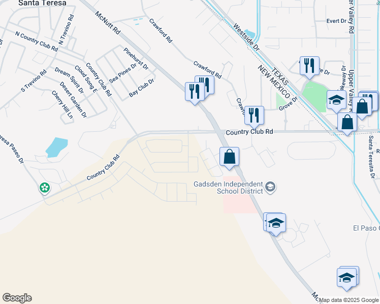 map of restaurants, bars, coffee shops, grocery stores, and more near 1305 Country Club Road in Santa Teresa