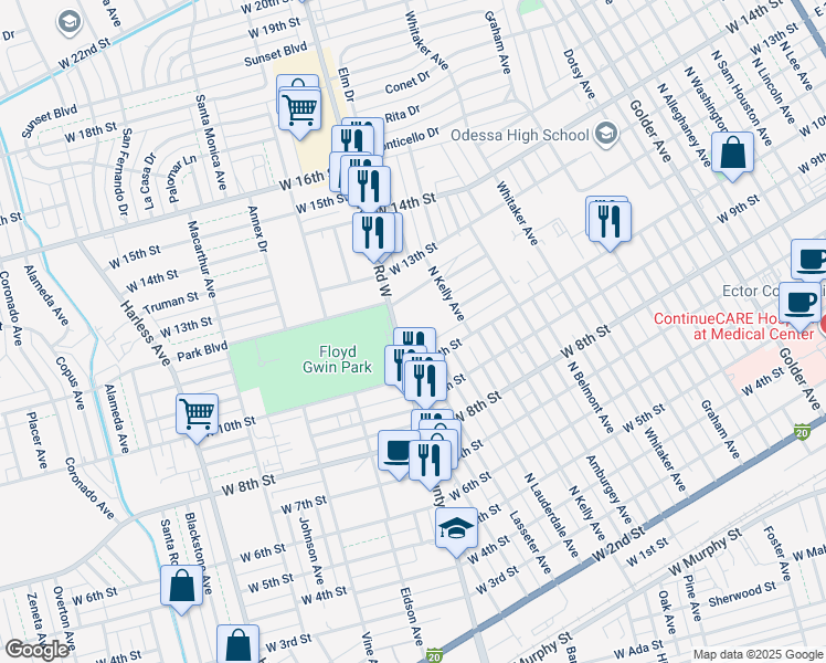 map of restaurants, bars, coffee shops, grocery stores, and more near 1020 North County Road West in Odessa
